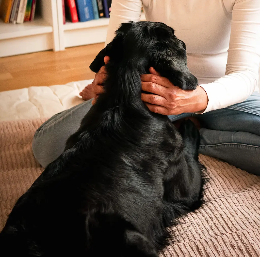 Ein Flat Coated Retriever entspannt sich während einer Shiatsu-Massage. Die therapeutische Massage kann Hunden helfen, Schmerzen und Spannungen zu lindern und ihr Wohlbefinden zu verbessern